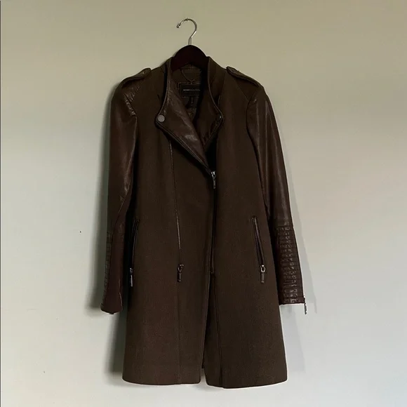 BCBGMaxAzria Army Green Wool coat jacket w100% brown leather collar & sleeves XS - Picture 2 of 13